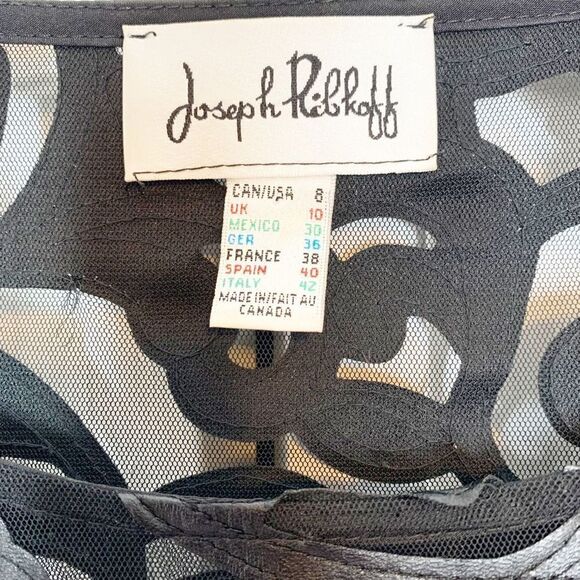 Joseph Ribkoff Vintage Mesh Faux Leather Appliqué Black Mini Swing Dress Size 8 - Picture 6 of 11